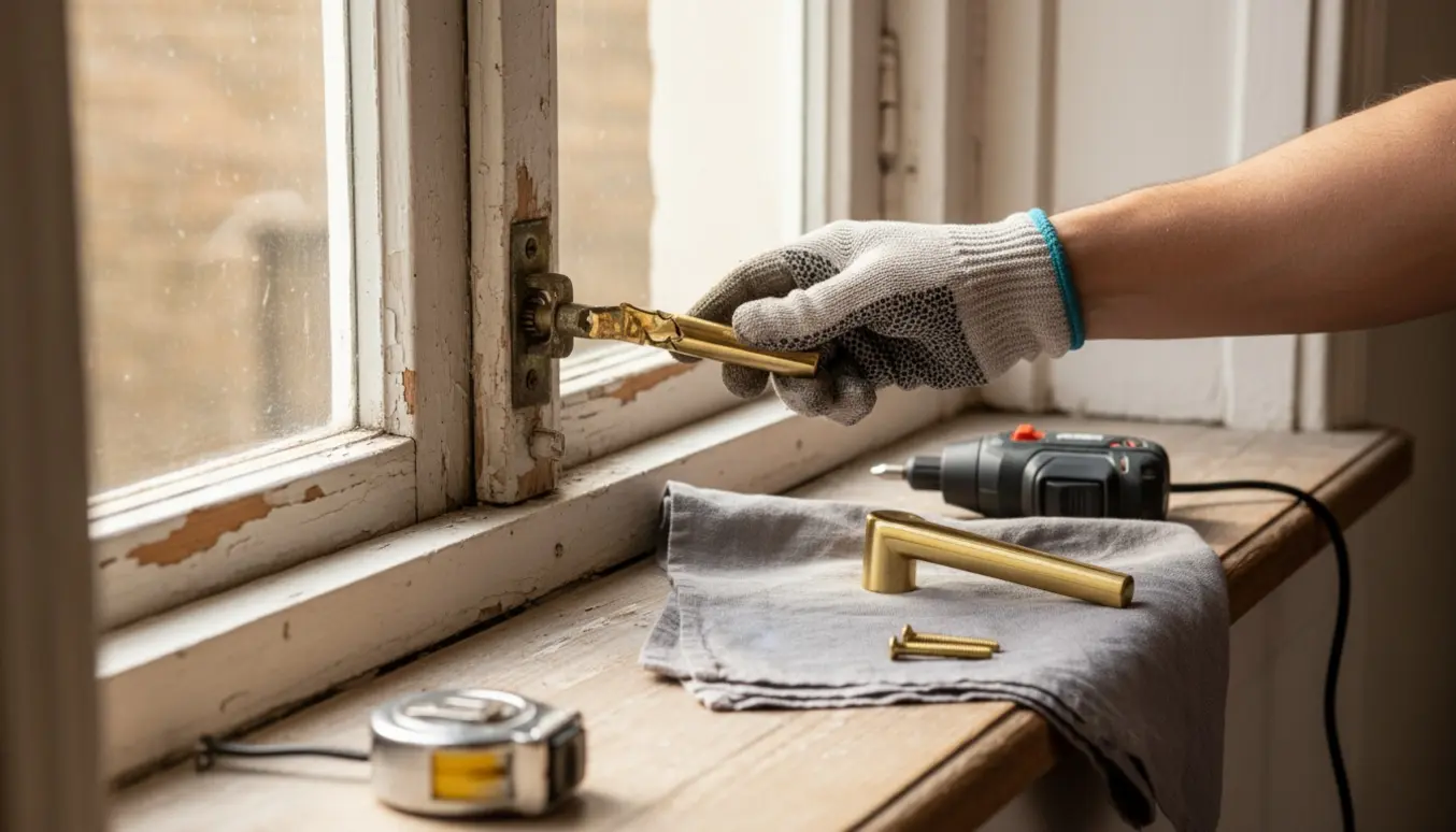 Nærbillede af udskiftning af et beskadiget vindueshåndtag i en træramme med værktøj på karmen.