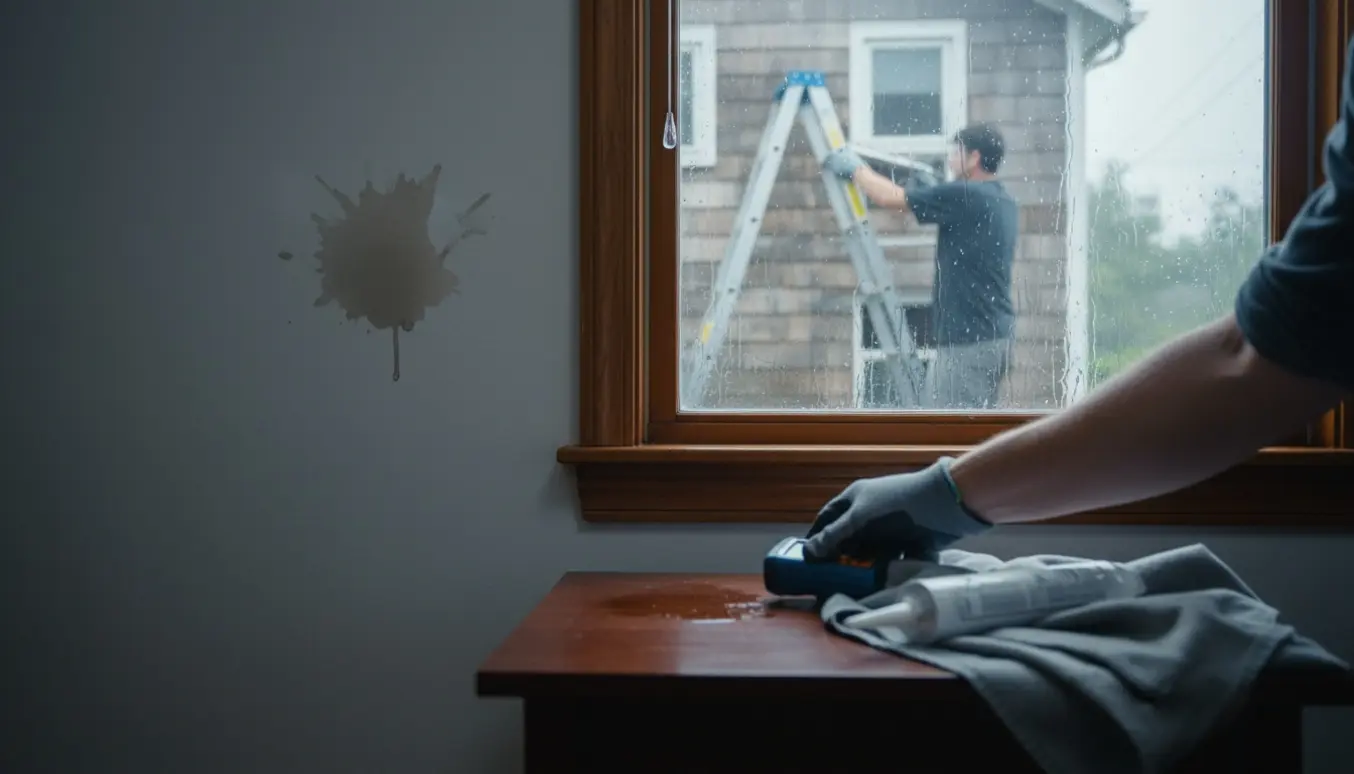 Indvendigt billede af våd plet på stuevæg under 1. sals vindue med tekniker på stige uden synligt ansigt og værktøj i forgrunden.