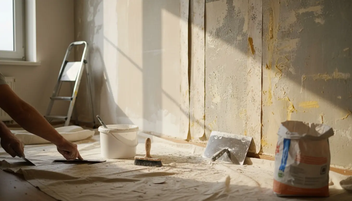 Partielt afskallet væg med tapetrester og redskaber klar til pudsning.