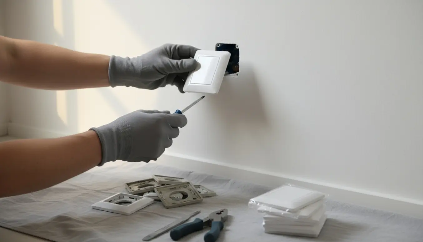 Nærbillede af hænder, der udskifter gamle grå stikkontakter med nye hvide dæksler på en nyligt malet hvid væg.