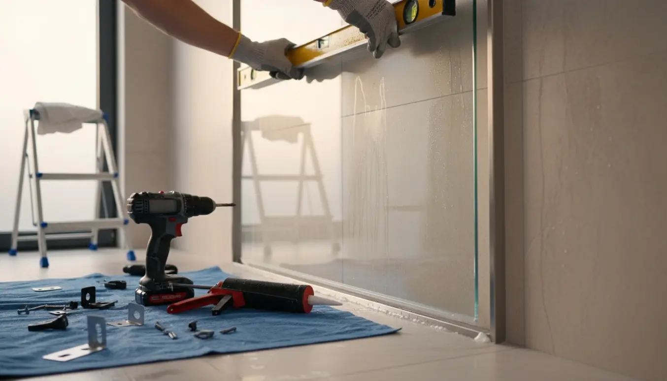 Nærbillede af montering af glasbrusevæg i moderne badeværelse med værktøj og fugemasse.