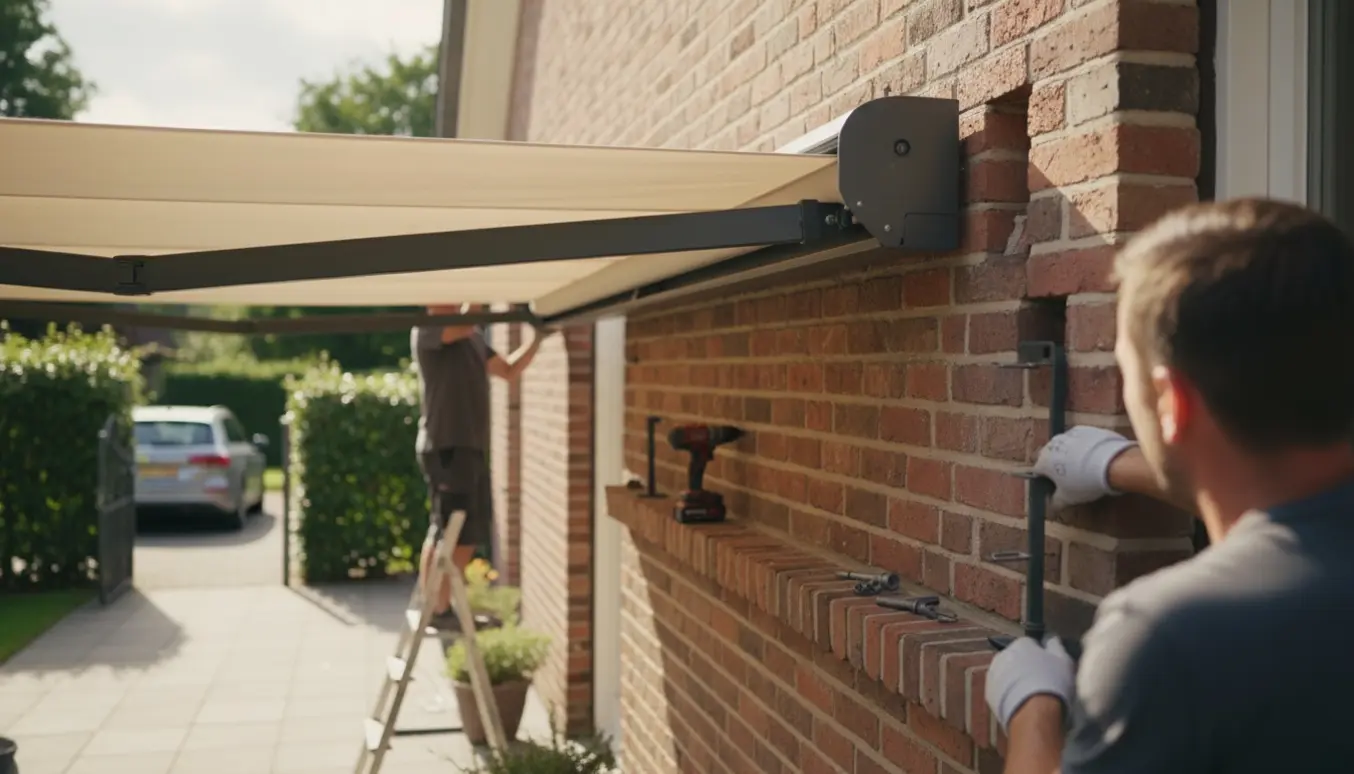 To personer monterer en manuel markise i furer på en murstensvæg over en terrasse med værktøj og havelåge i baggrunden.