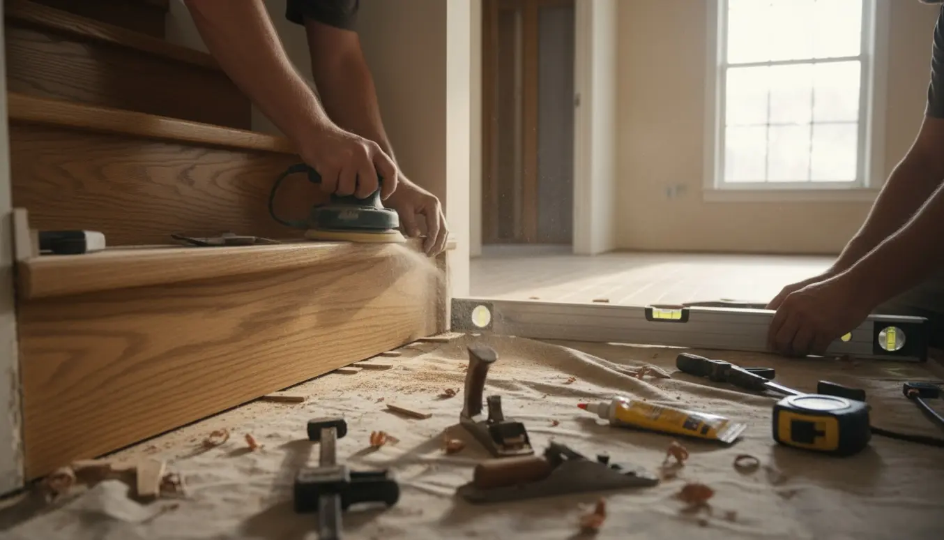 Håndværker sliber og justerer en trappe, så den flugter med første sal.