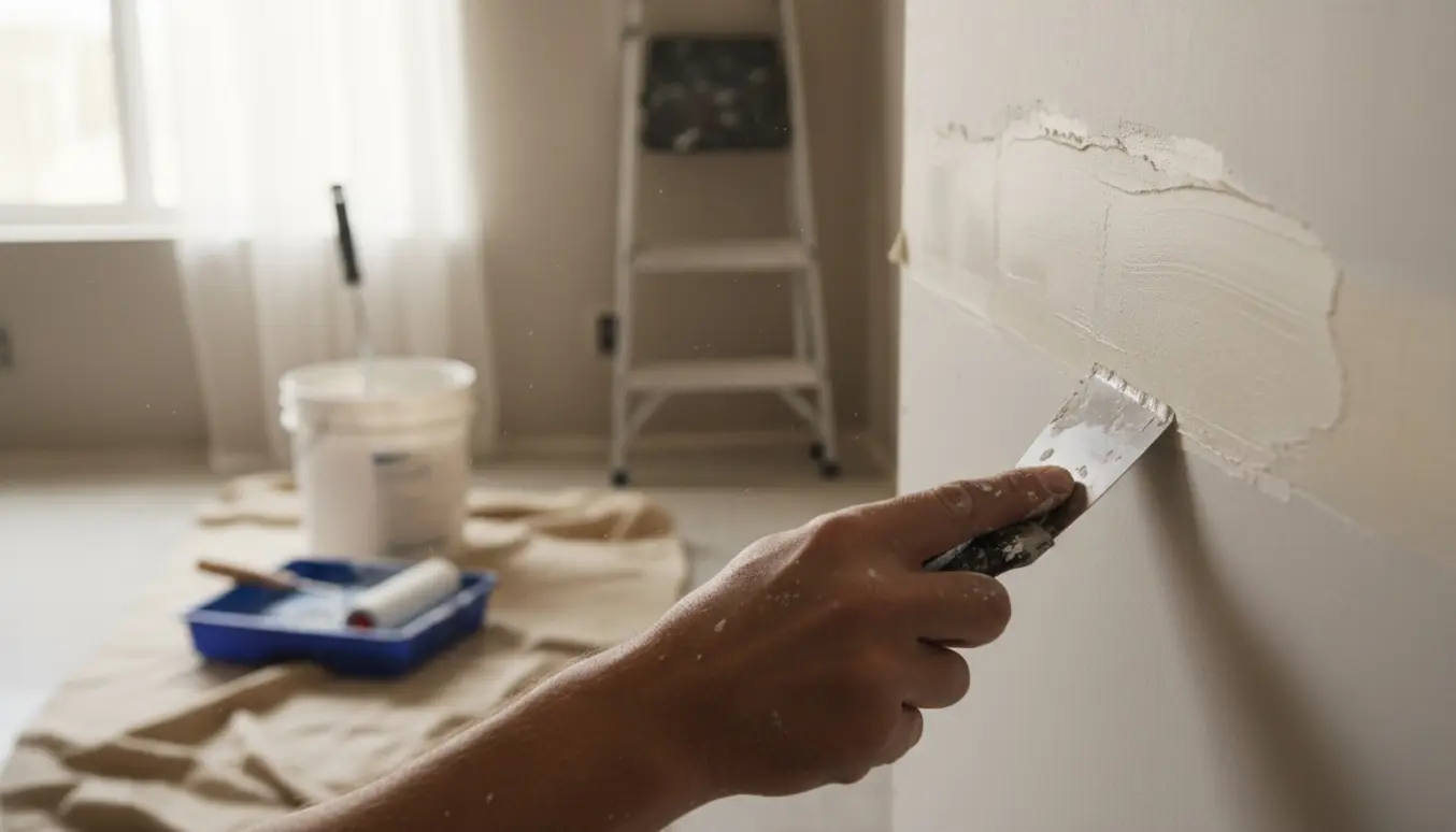 Hænder spartler en samling på en gipsvæg med en spartel, mens malerudstyr ligger sløret i baggrunden.