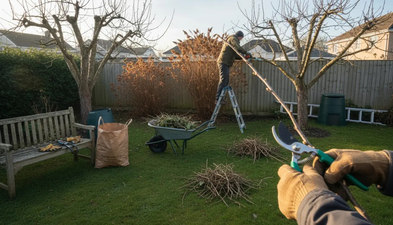 Person set i baghaven beskærer fire frugttræer og fem sommerfuglebuske med grene i en trillebør.