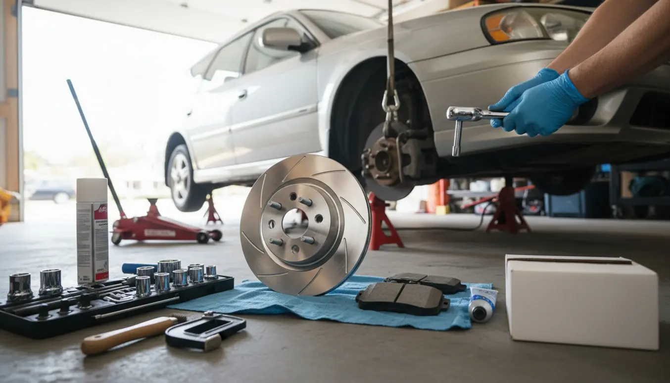 Hænder i handsker udskifter bremseklodser og -skive på en stationcar i en lys garage.