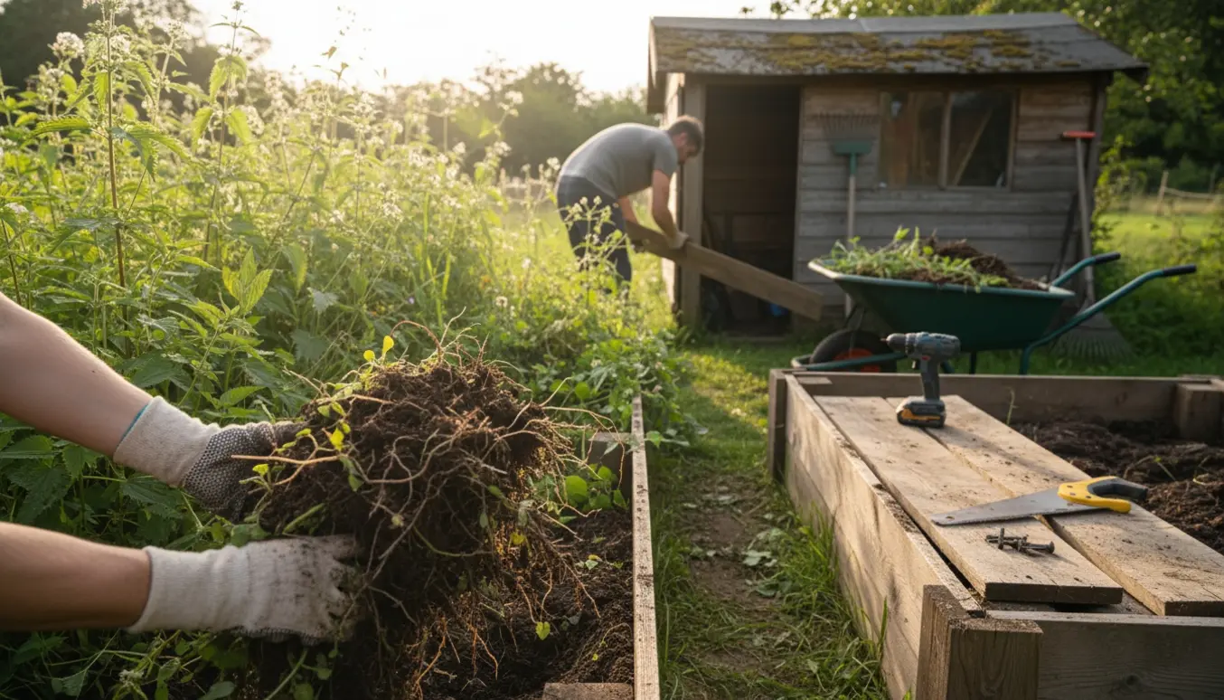 Overgroet kolonihave hvor hænder i handsker luger ukrudt og et højbede er delvist demonteret.