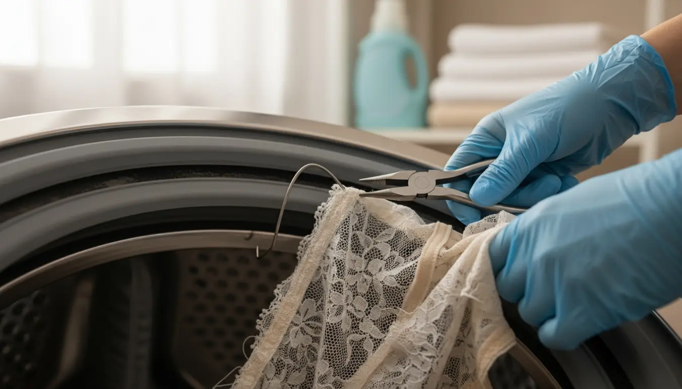 Hænder med tænger fjerner en bh-bøjle, der sidder fast i tromlen på en vaskemaskine.