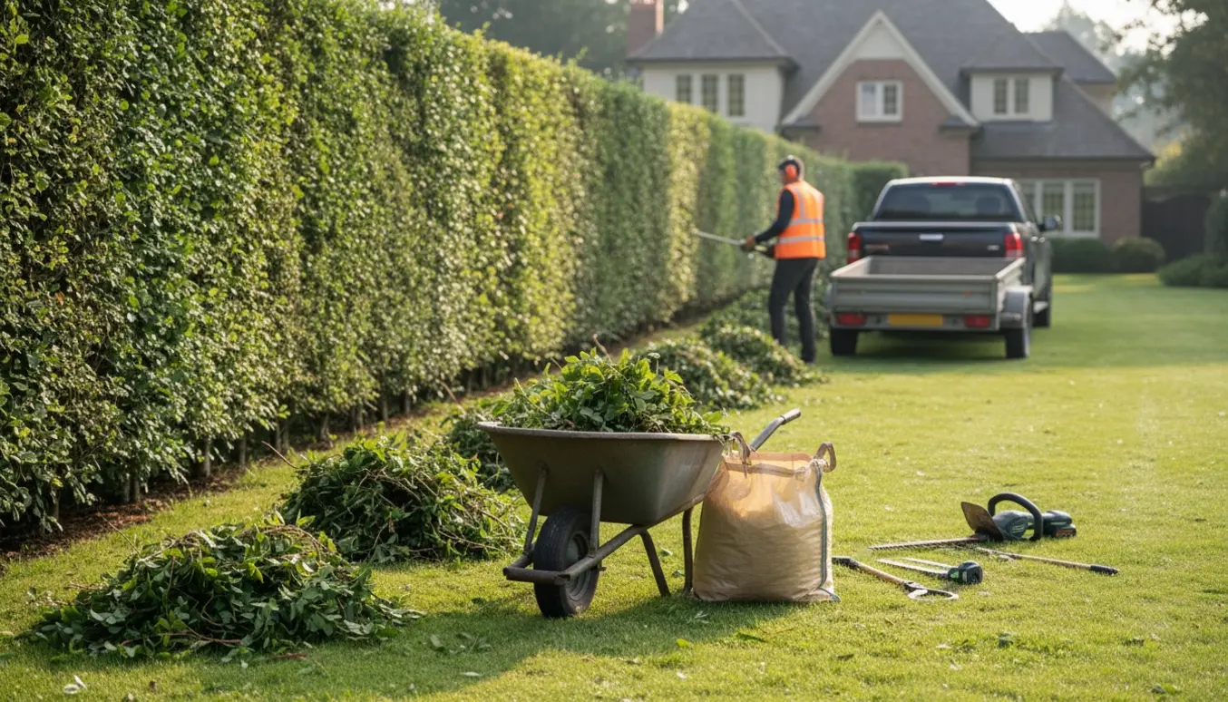 Beskæring af hæk og buske med grene i trillebør og trailer klar til bortkørsel.