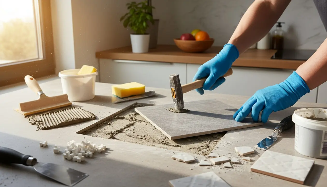 Nærbillede af hænder i handsker, der udskifter en flise i køkkengulvet med værktøj og materialer omkring.