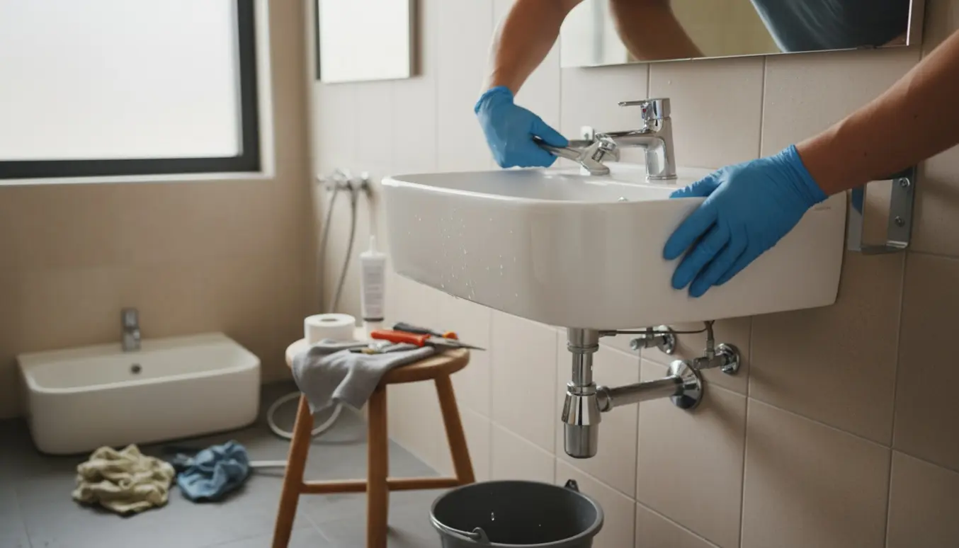 Nærbillede af montering af væghængt håndvask med værktøj og armatur i et lyst badeværelse.