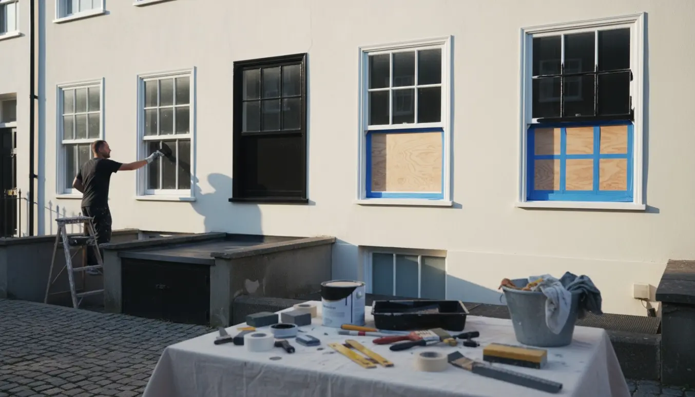 Udvendig maling af byhusvinduer og kælderdør med malerhænder og værktøj i fokus.