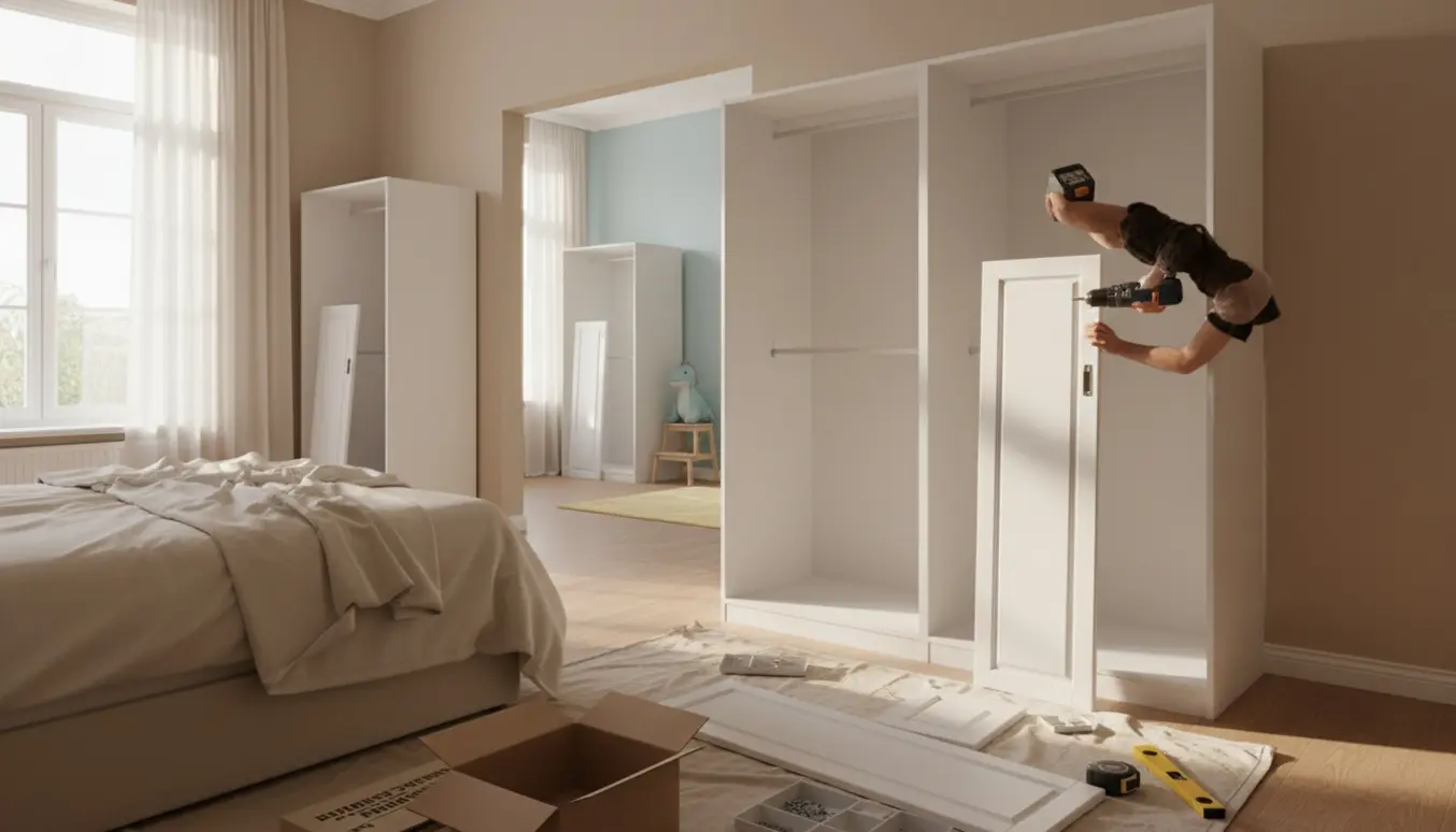 To delvist samlede garderobeskabe med låger og værktøj i soveværelse og børneværelse.