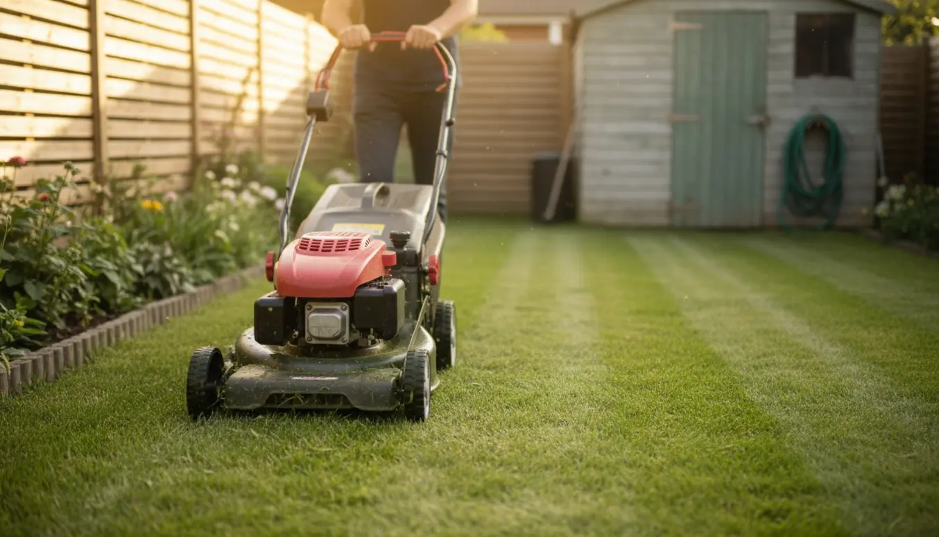 En person slår græsset med en plæneklipper i en lille baghave, ansigt ikke synligt.