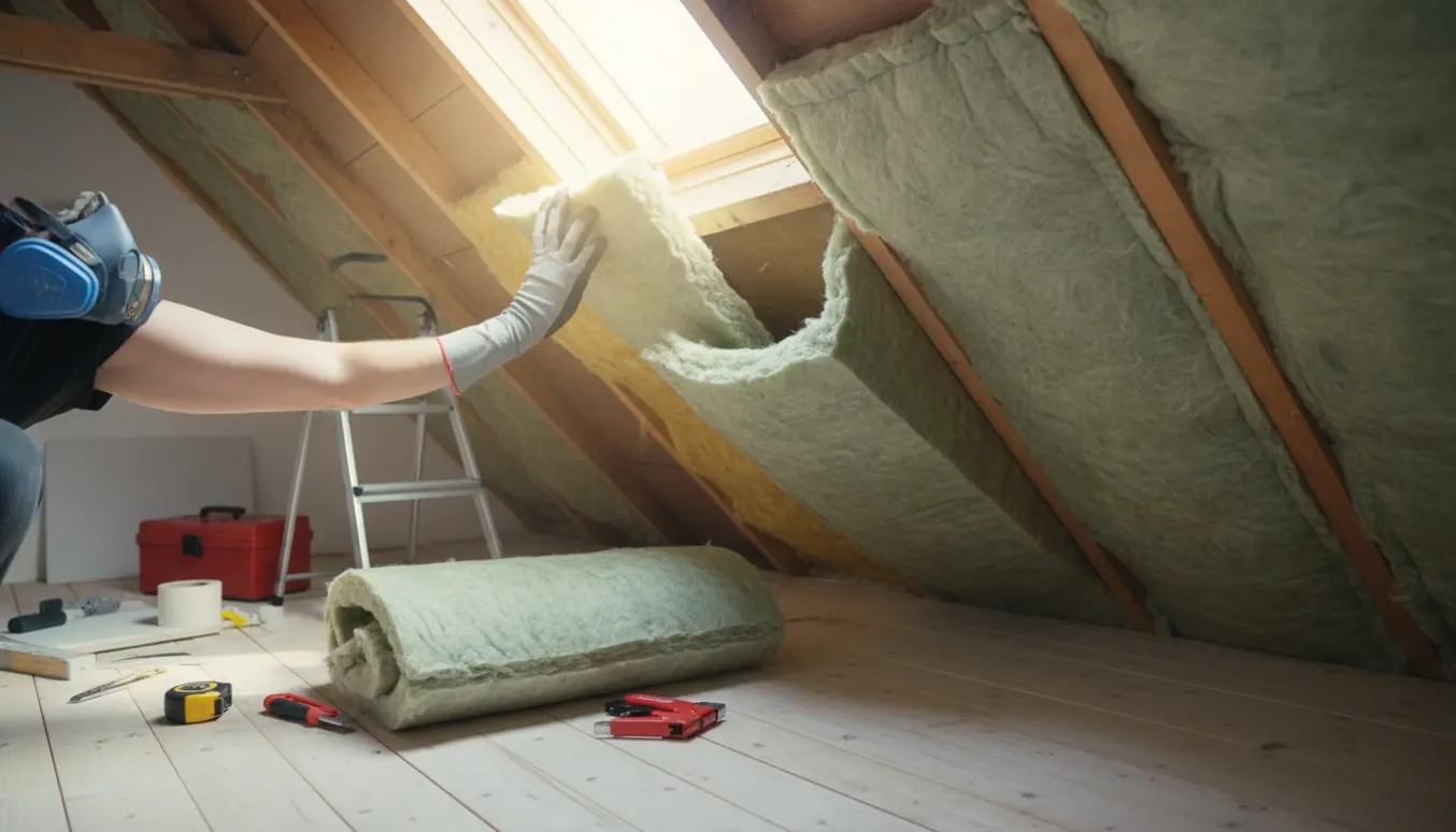 Loft under efterisolering med hænder, der lægger tykke isoleringsbatts mellem synlige loftbjælker.