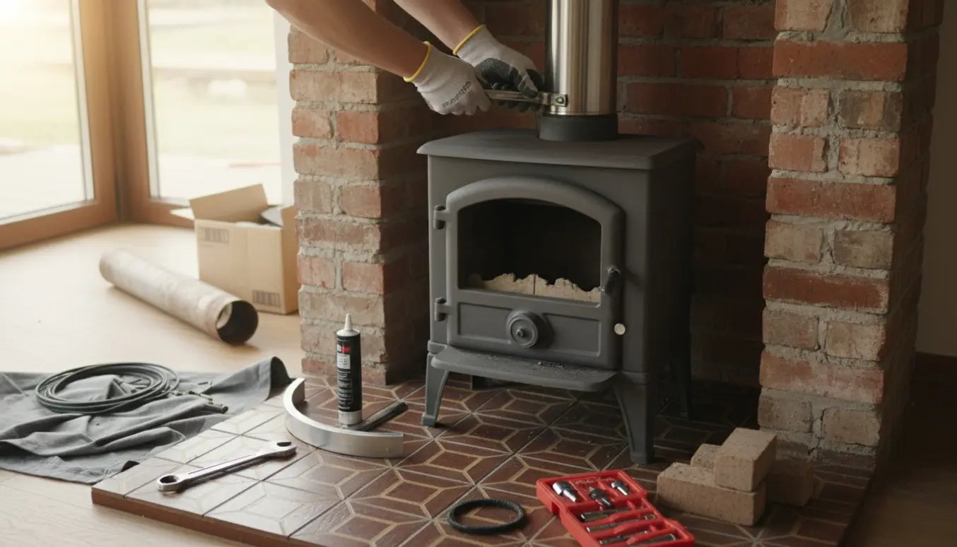 En brugt brændeovn installeres på et fliseildsted med handsker, røgrør og værktøj omkring.