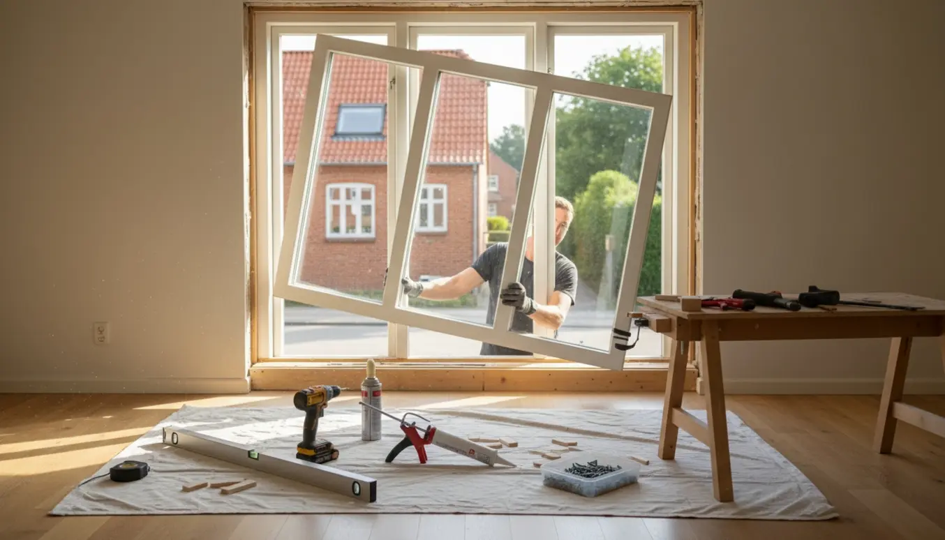 Indvendigt billede af et 3-fags sidehængt vindue ved montering med værktøj og håndværker uden synligt ansigt.