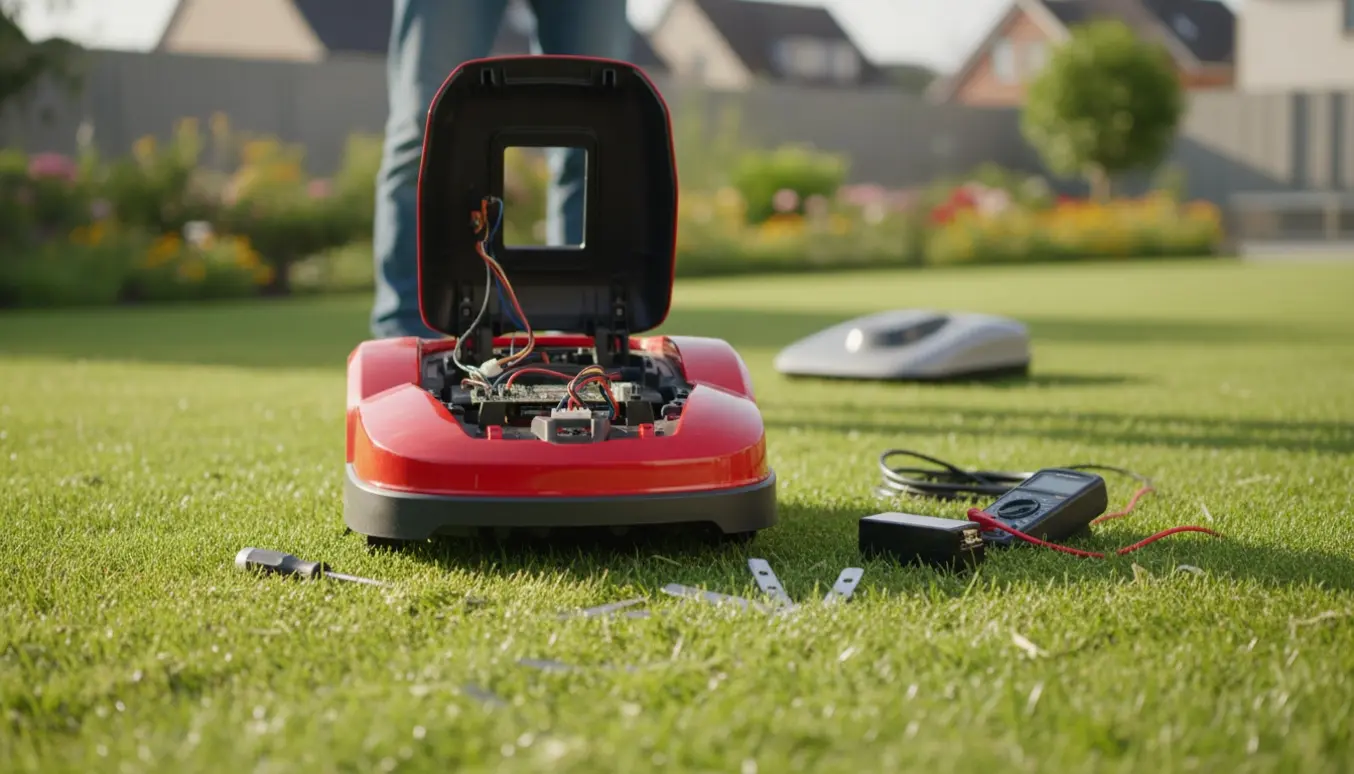 Robotplæneklipper med åbent servicelåg på græsplænen omgivet af værktøj og et løst batteri efter reparation.