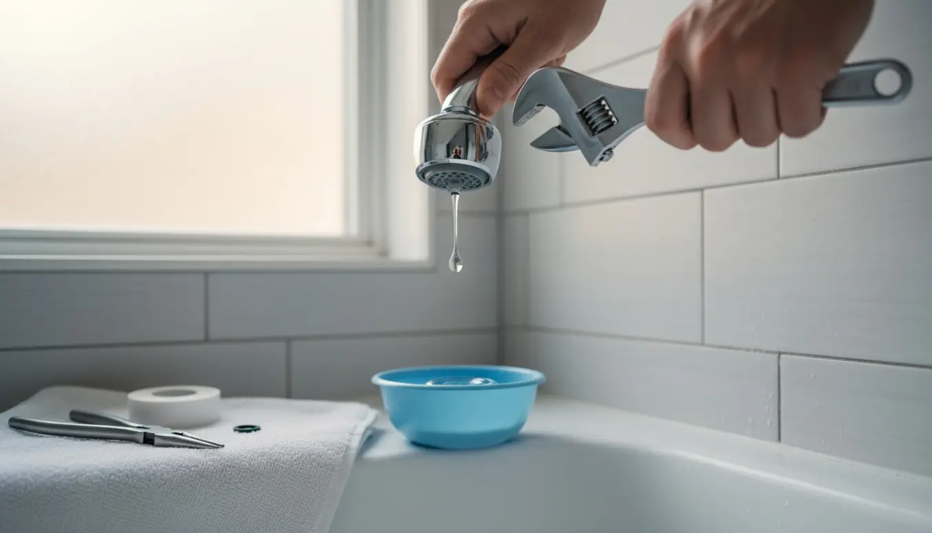 Tæt billede af et dryppende bruserhoved med værktøj og en skål til at opfange vand.