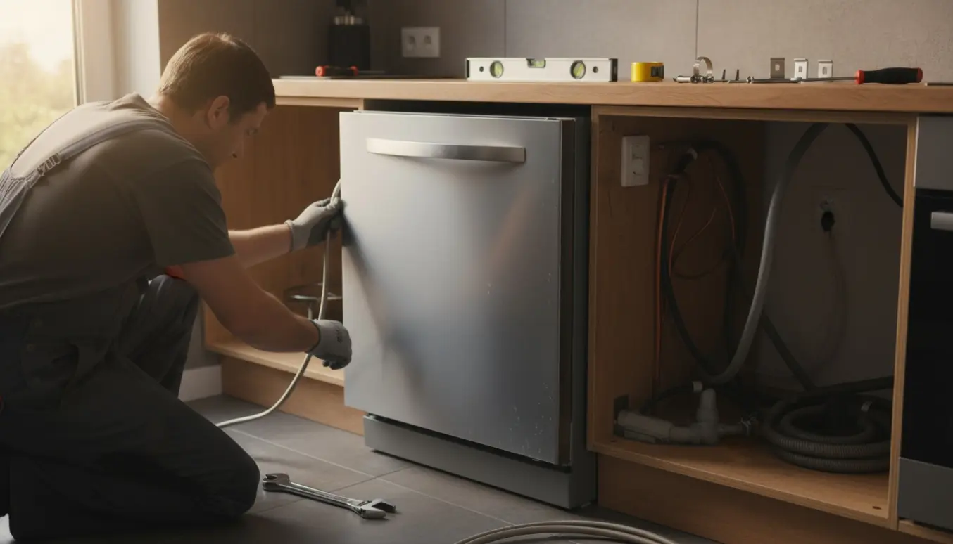 En brugt indbygget opvaskemaskine monteres i et køkkenskab med værktøj og handsker synlige.