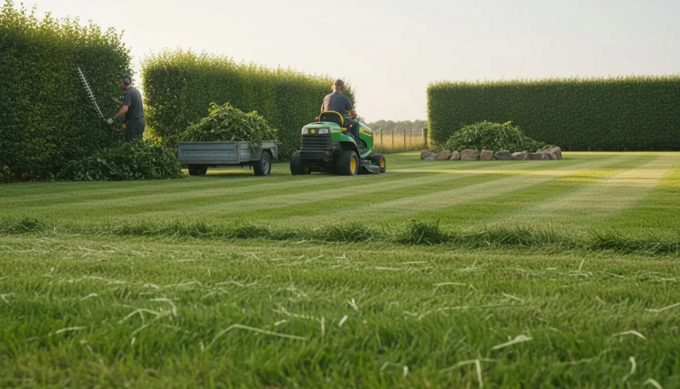 Havemand på havetraktor slår stor græsplæne og beskærer hæk med afklip samlet ved bålplads.