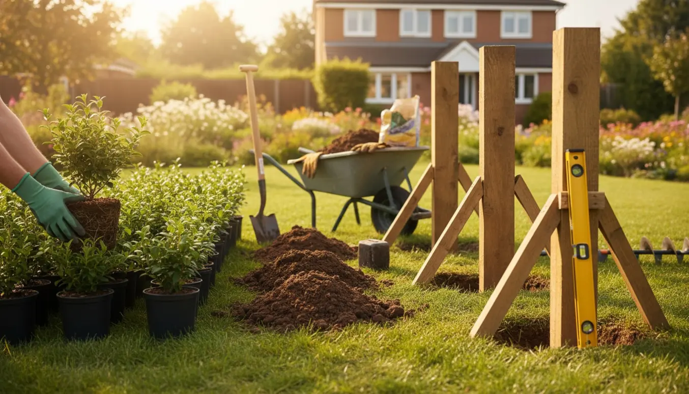 Unge hækplanter ved gravede plantehuller og tre kraftige midlertidigt afstivede hegnspæle i en privat have.