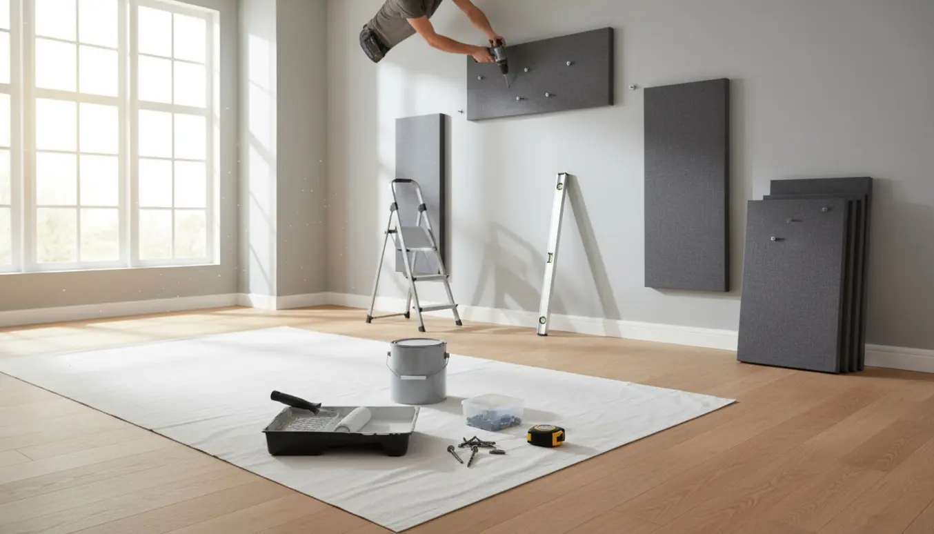 Nymalet stuevæg med monterede akustikplader, værktøj og en boremaskine synlig.