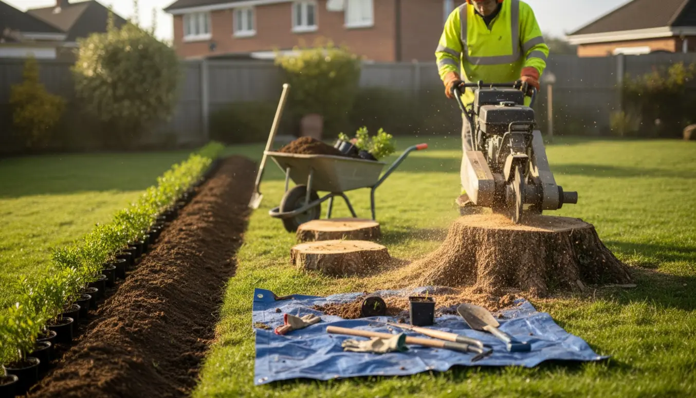 En stubfræser fjerner flere stubbe i en have, klar til hækplantning.