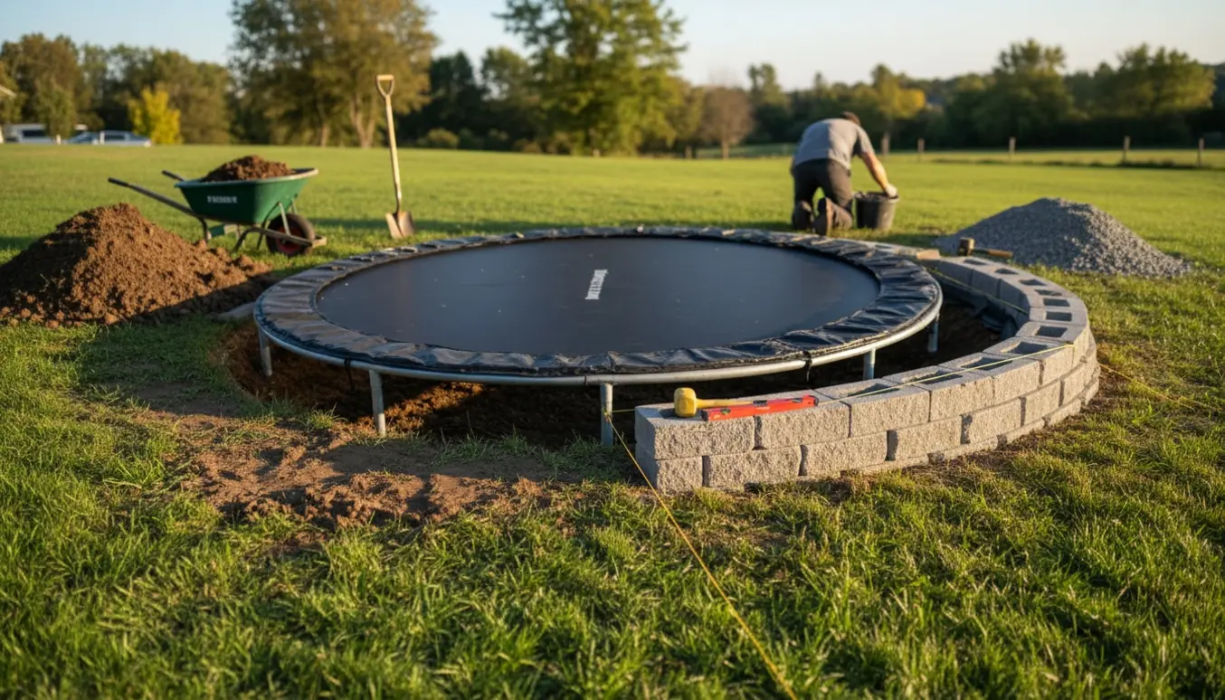 Sænket trampolin i skrånende have med udgravning, værktøj og en støttemur under opbygning.