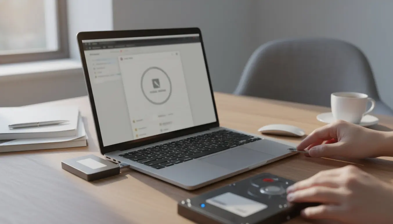 Bærbar computer på skrivebord med ekstern backup-disk og hænder, der forbereder installation af nyt Office uden at slette filer.