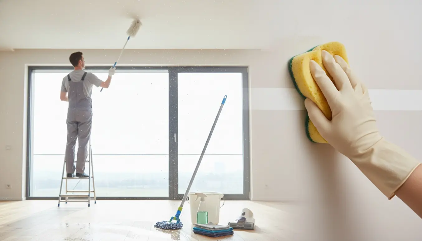 Soloplyst stue under rengøring med en person på en lille stige, moppe, mikrofiberklude og et skinnende gulv.