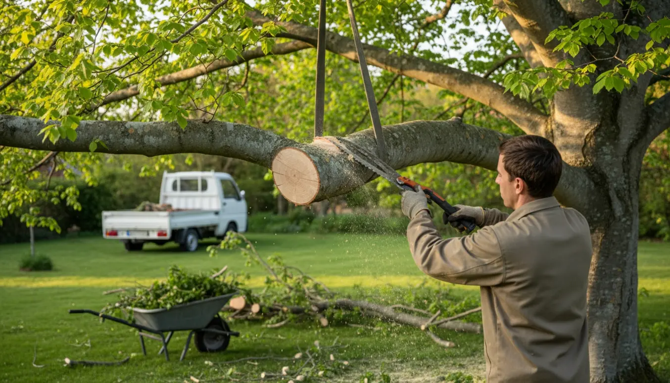 En havearbejder fjerner en stor udstående bøgegren og lægger afskårne grene i en trillebør.