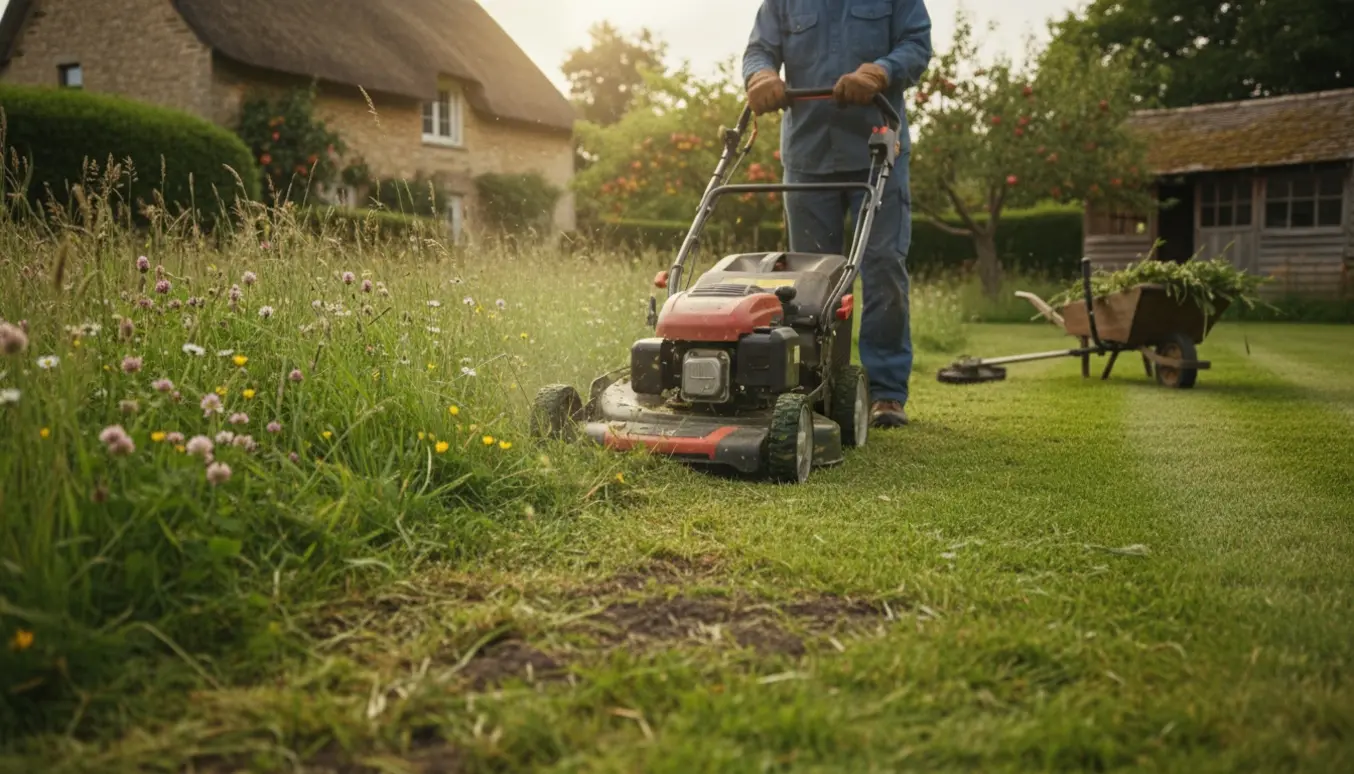 En havemand slår en vild, tilgroet græsplæne med plæneklipperen, hvor én side er klippet og den anden står vild.