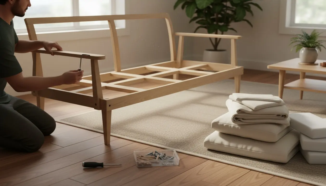 Trepersoners sofa under samling i en lys stue med værktøj, hynder og slipcover lagt frem.