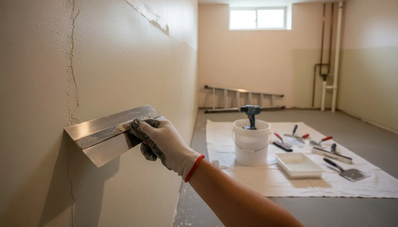 Nærbillede af hænder, der glatter diffusionsåben puds på en kældervæg med værktøj og rør i baggrunden.