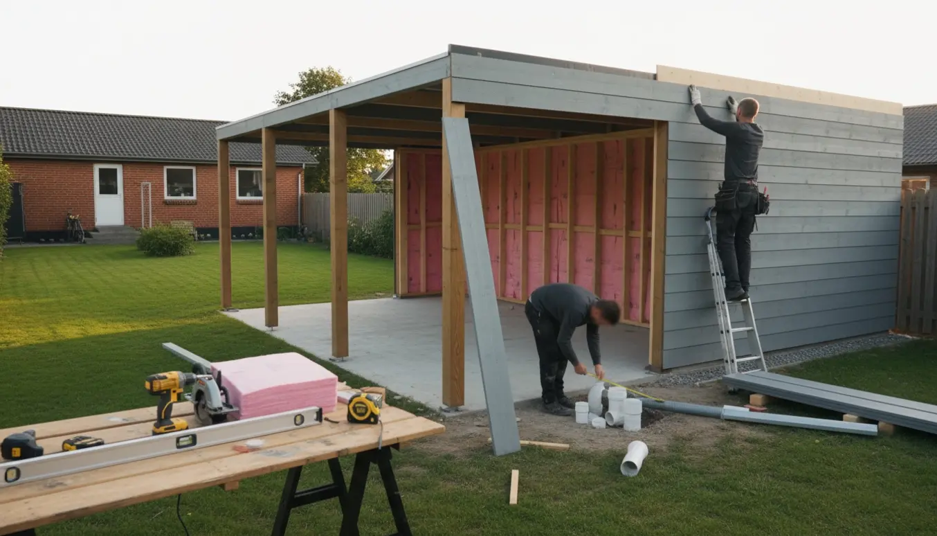 Delvist færdigbygget carport og bredere skur med grå Hardy-plank, håndværkere arbejder med facadebeklædning og dræn i en dansk forhave.