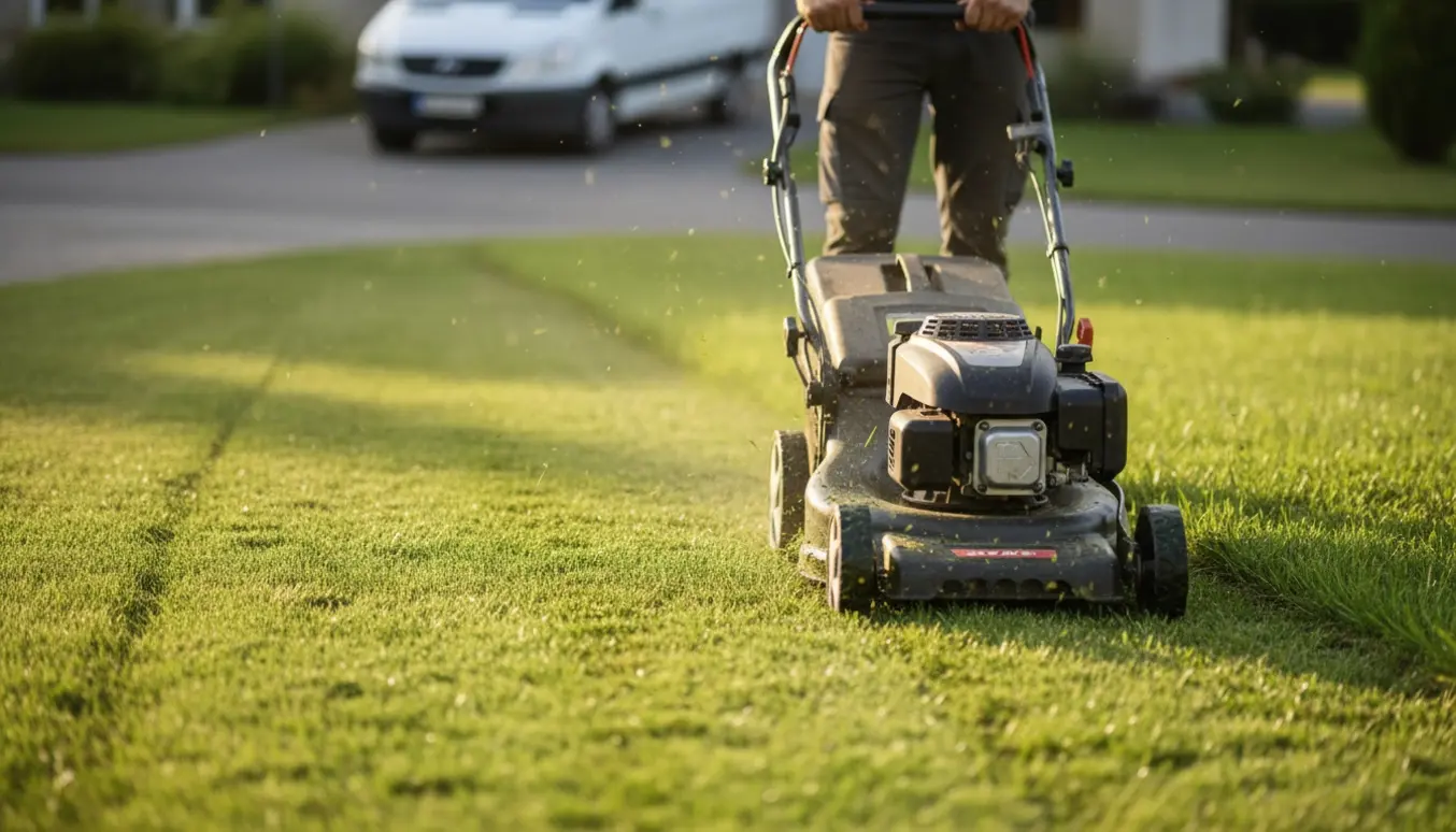 Person klipper en ujævn græsplæne med plæneklipper, med synlige nyklippede baner og en parkeret varevogn i baggrunden.