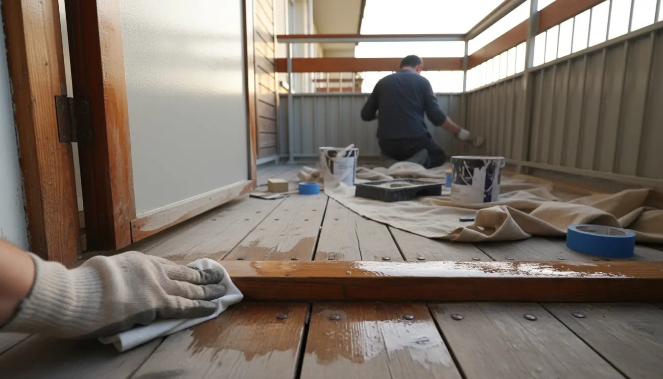 Reparation og maling af altan på tredje sal med en hånd, der olier dørtrinet og værktøj på afdækning.