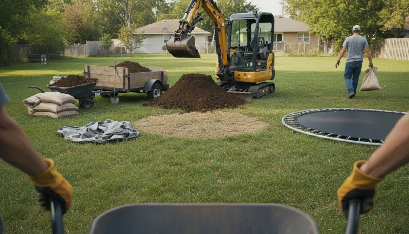 Mini-gravemaskine læsser en bunke jord op i haven efter fjernet trampolin.