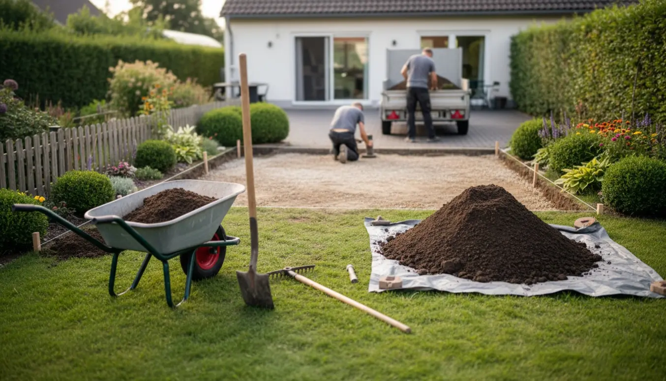Baghaven graves ud til terrasse med skovl, trillebør og jord stablet ved siden af bed med buske og blomster.