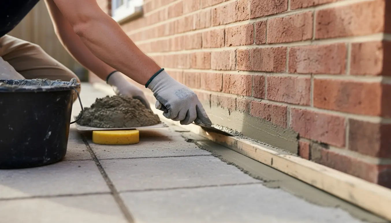 Håndværker pudser soklen omkring et murstenshus med våd mørtel og murske ved fliserne.