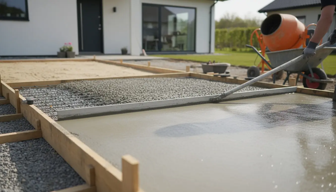 Støbt indkørsel under udførelse med armeringsjern, formbrædder og værktøj foran et moderne hus.