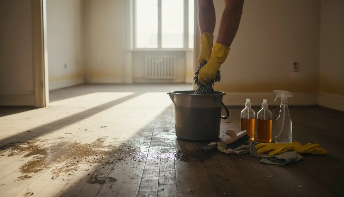 Tom 2-værelses rygerlejlighed med meget beskidt trægulv og rengøringsudstyr klar til slutrengøring.