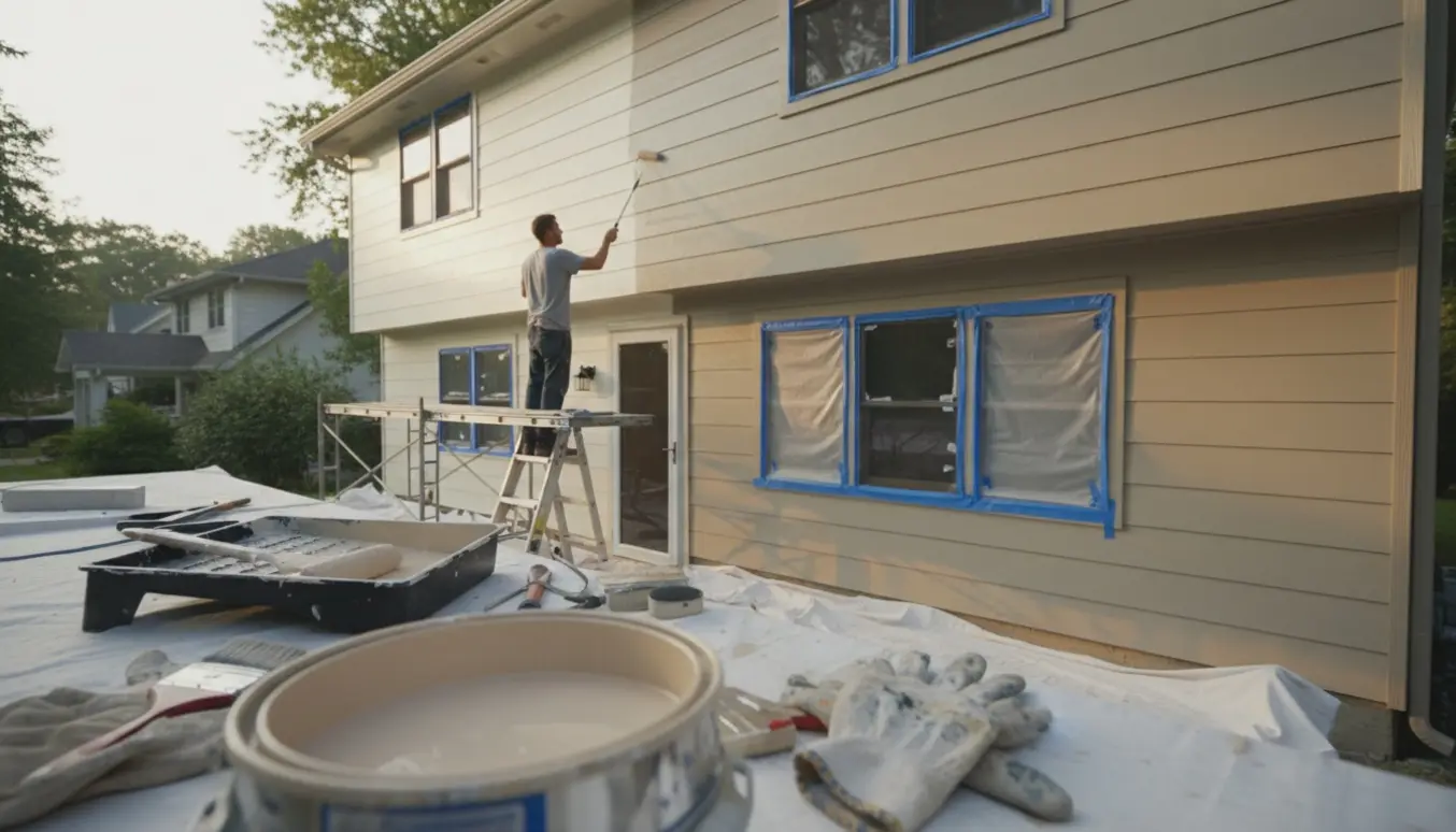 To-etagers hus får ny facadefarve med maler på stillads og malerredskaber i forgrunden.