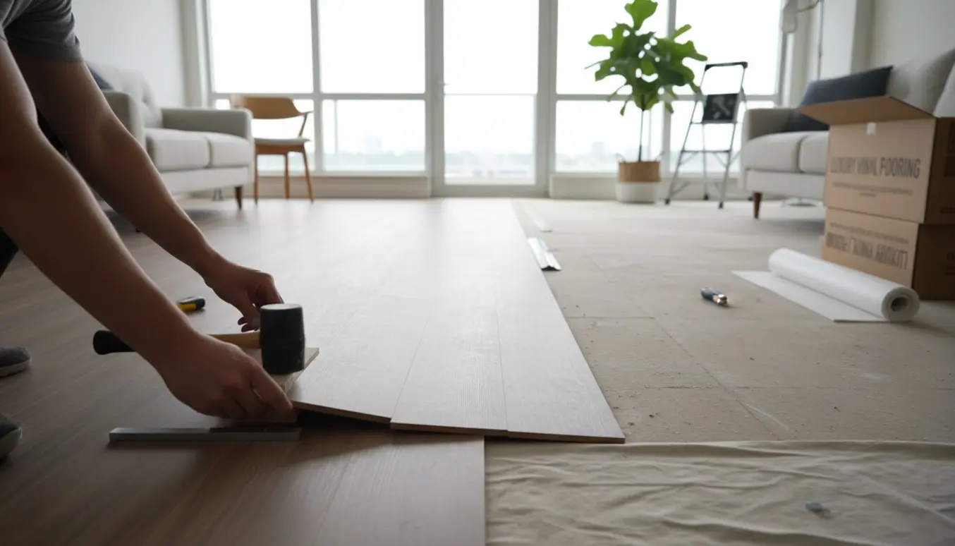 Nærbillede af klik-vinylgulv under montering i en lys lejlighed, hænder klikker planker på plads med værktøj ved siden af.