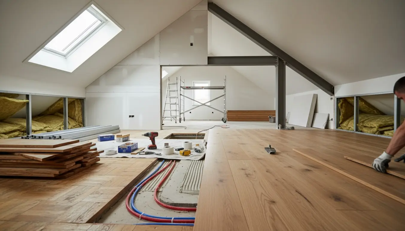 Renoveret loftrum med nyt plankegulv, synlige fjernvarmerør, stålbjælke indpakket i gips og loft til kip under opbygning.