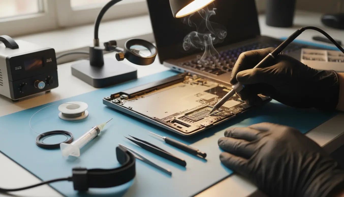 Nærbillede af loddearbejde på USB-C/Thunderbolt-porte i en åbnet bærbar med værktøj på et ryddeligt arbejdsbord.