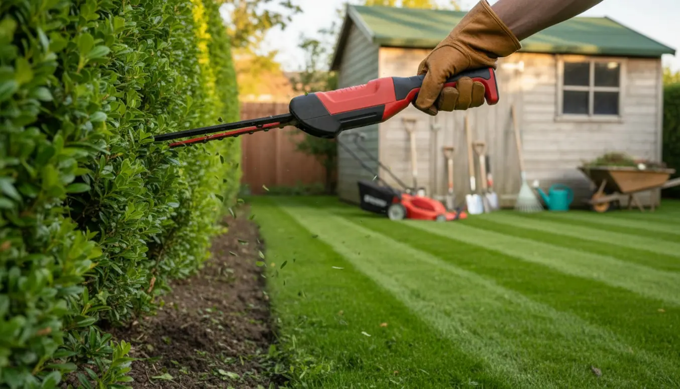 Nærbillede af en gartner, der trimmer en hæk foran en nyslået græsplæne med haveredskaber i baggrunden.