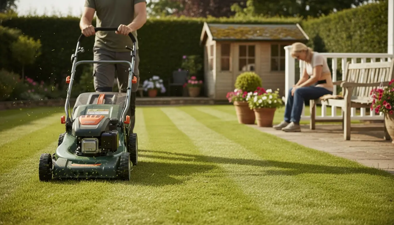 Solbeskinnet stor græsplæne hvor en hjælper slår græsset med en plæneklipper, set bagfra.