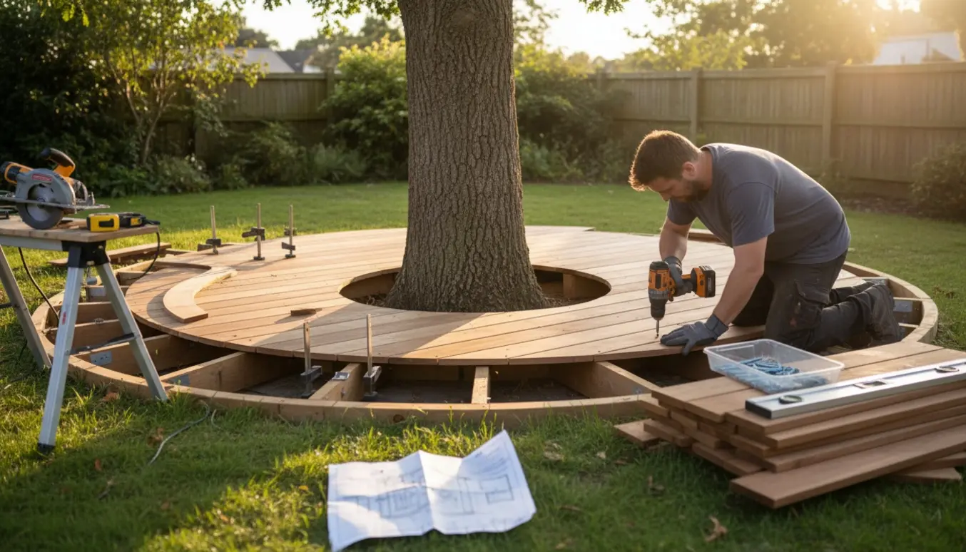 En nybygget træterrasse med cirkulært udsnit omkring et træ og værktøj lagt op til færdiggørelse.